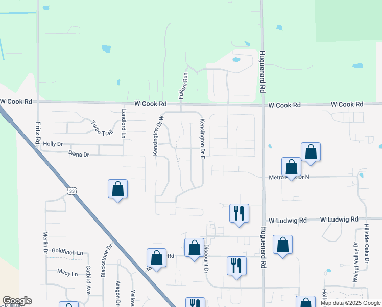 map of restaurants, bars, coffee shops, grocery stores, and more near 4225 Walkers Ridge in Fort Wayne