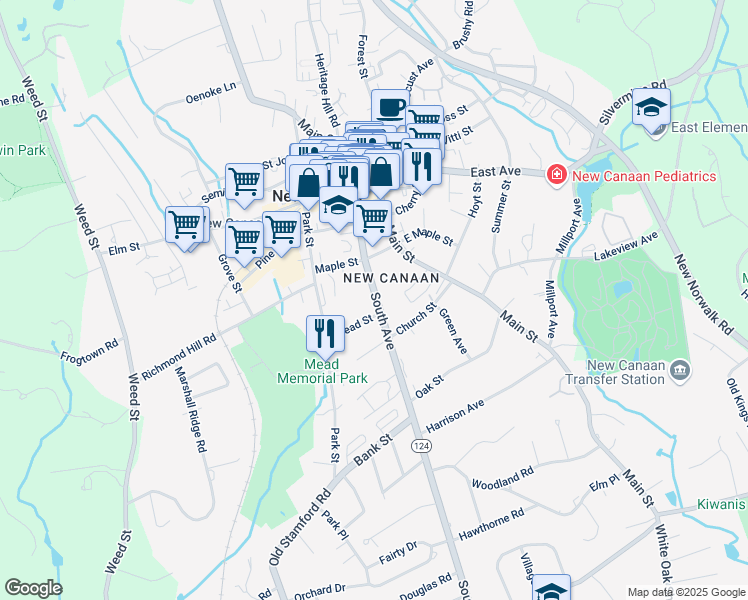 map of restaurants, bars, coffee shops, grocery stores, and more near 103 South Avenue in New Canaan