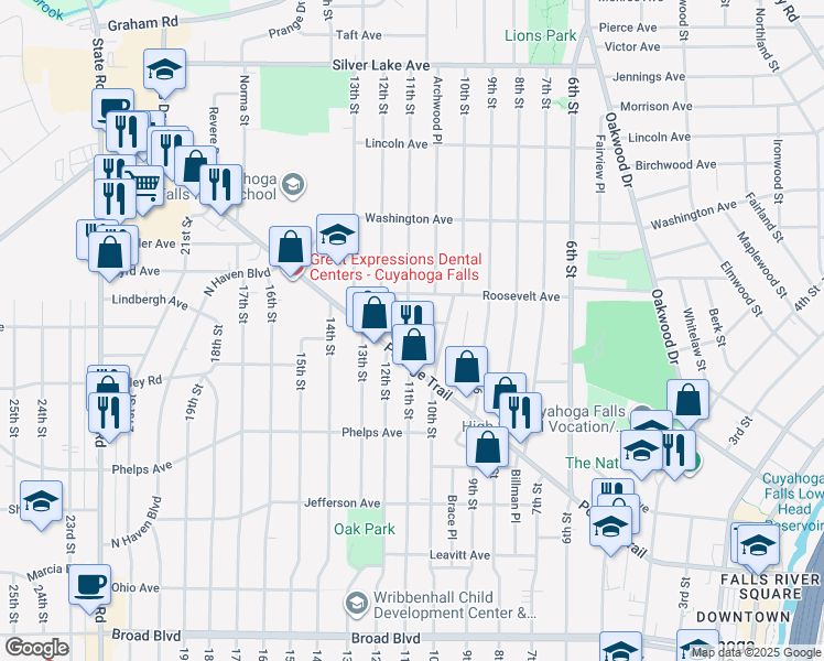 map of restaurants, bars, coffee shops, grocery stores, and more near 2551 11th St in Cuyahoga Falls