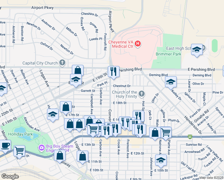 map of restaurants, bars, coffee shops, grocery stores, and more near 1845 Converse Avenue in Cheyenne