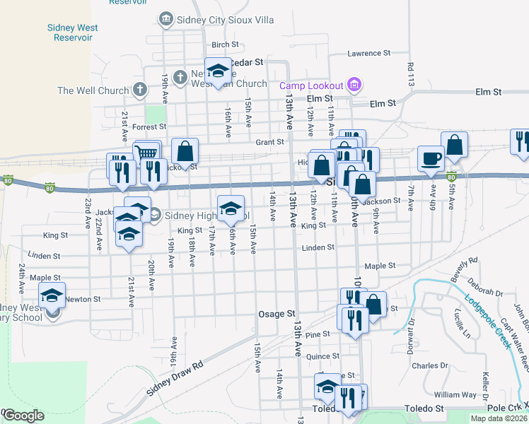 map of restaurants, bars, coffee shops, grocery stores, and more near 1417 Jackson Street in Sidney
