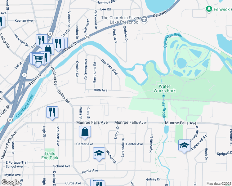 map of restaurants, bars, coffee shops, grocery stores, and more near 1406 Ruth Avenue in Cuyahoga Falls