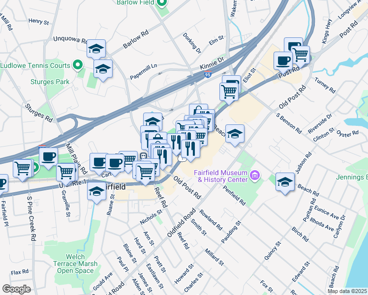map of restaurants, bars, coffee shops, grocery stores, and more near 1262 Post Road in Fairfield