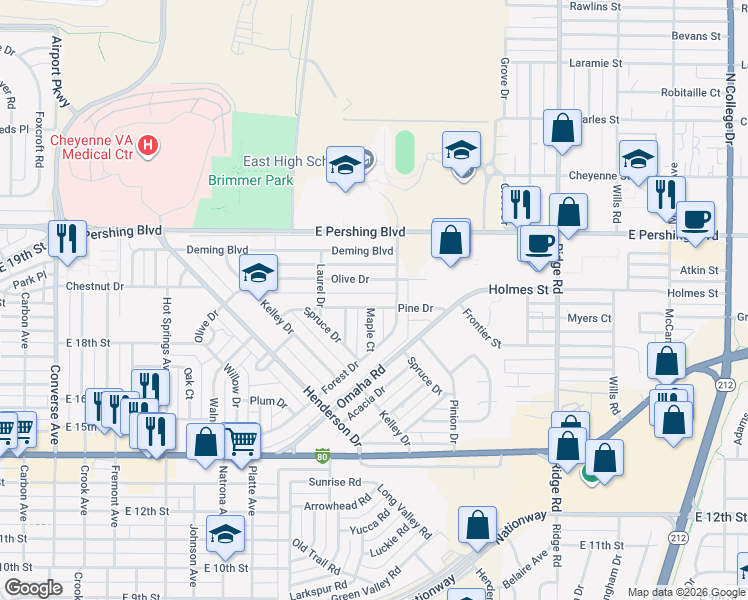 map of restaurants, bars, coffee shops, grocery stores, and more near 2856 Pine Dr in Cheyenne