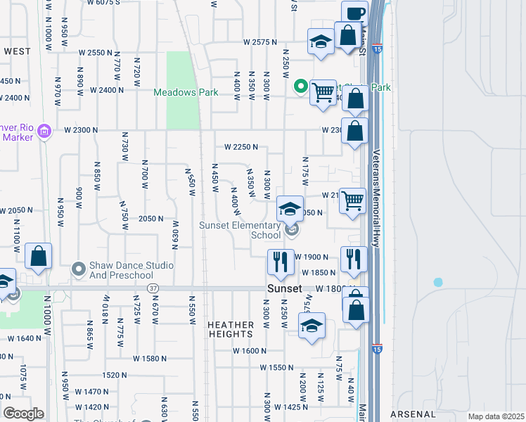 map of restaurants, bars, coffee shops, grocery stores, and more near 2045 North 300 West in Sunset