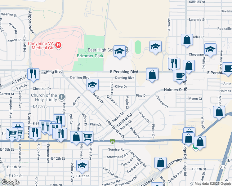 map of restaurants, bars, coffee shops, grocery stores, and more near 2808 Pine Drive in Cheyenne