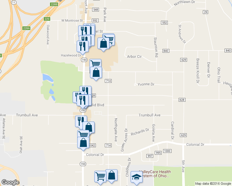 map of restaurants, bars, coffee shops, grocery stores, and more near 218 Mansell Drive in Youngstown