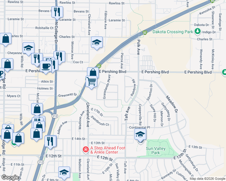 map of restaurants, bars, coffee shops, grocery stores, and more near 4800 Spur Drive in Cheyenne