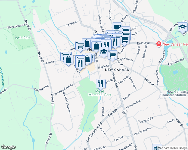 map of restaurants, bars, coffee shops, grocery stores, and more near 22 Richmond Hill Road in New Canaan