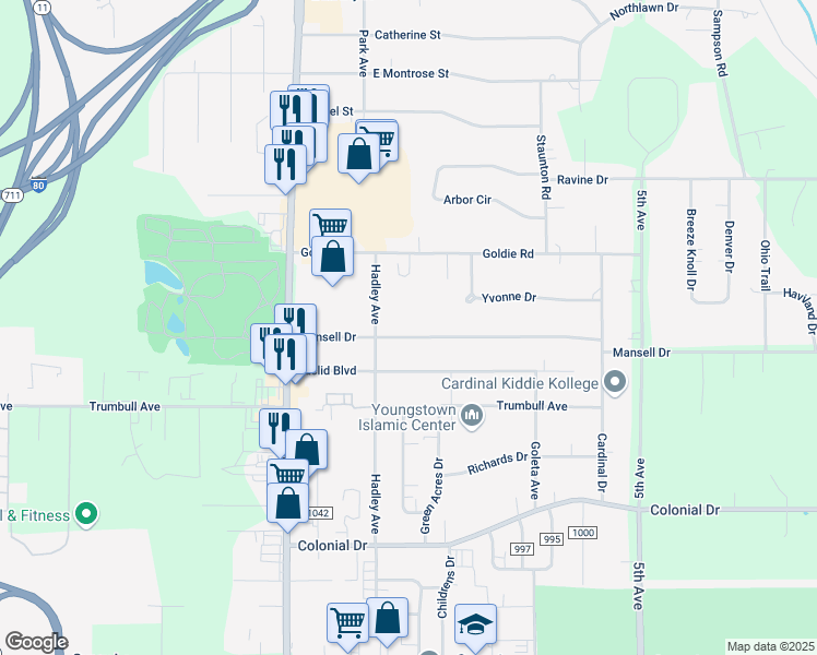map of restaurants, bars, coffee shops, grocery stores, and more near 218 Mansell Drive in Youngstown