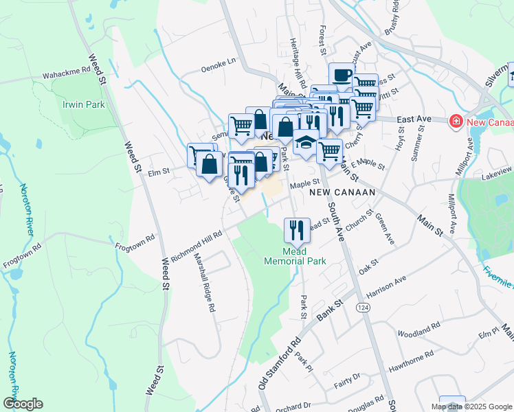 map of restaurants, bars, coffee shops, grocery stores, and more near 45 Richmond Hill Road in New Canaan