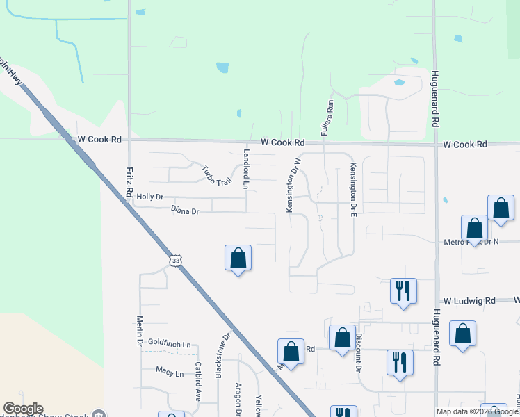 map of restaurants, bars, coffee shops, grocery stores, and more near 88 Diana Drive in Fort Wayne