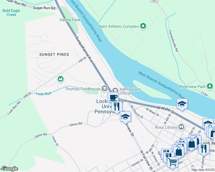 map of restaurants, bars, coffee shops, grocery stores, and more near 52 Susquehanna Avenue in Lock Haven