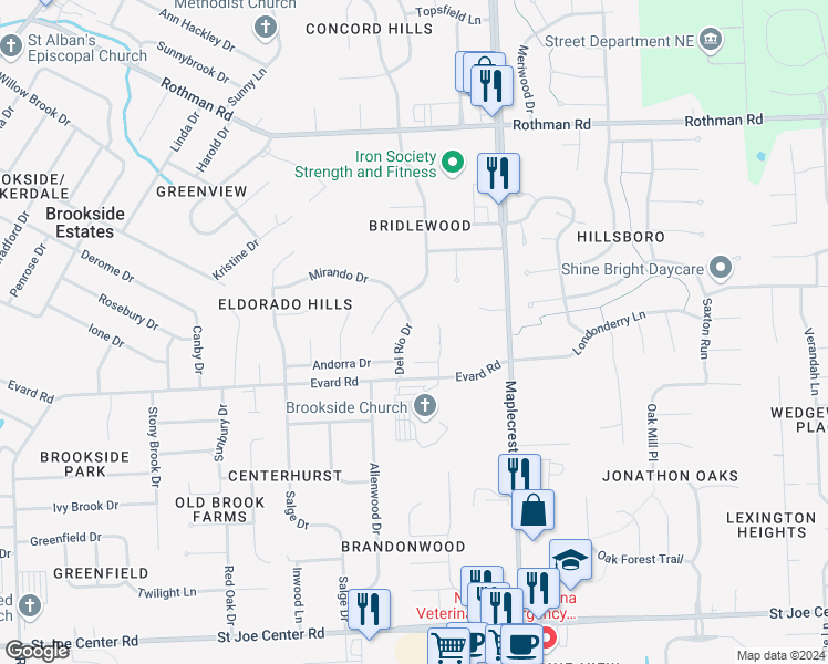 map of restaurants, bars, coffee shops, grocery stores, and more near 6808 Del Rio Drive in Fort Wayne
