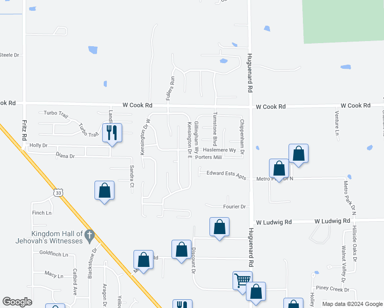 map of restaurants, bars, coffee shops, grocery stores, and more near 7034 Kensington Drive East in Fort Wayne