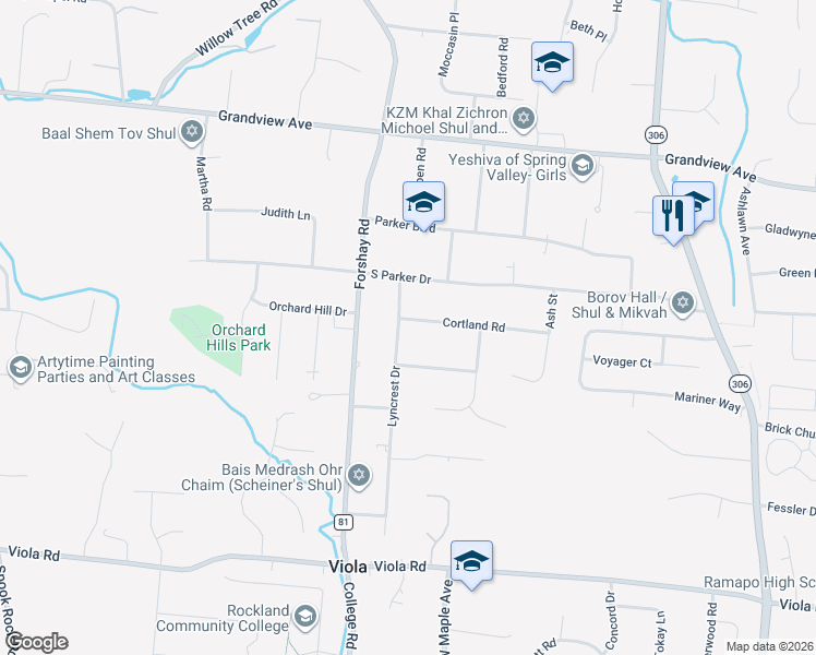 map of restaurants, bars, coffee shops, grocery stores, and more near 52 Lyncrest Dr in Monsey