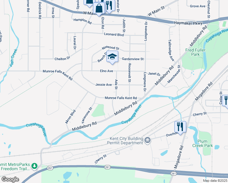map of restaurants, bars, coffee shops, grocery stores, and more near 654 Ada Street in Kent
