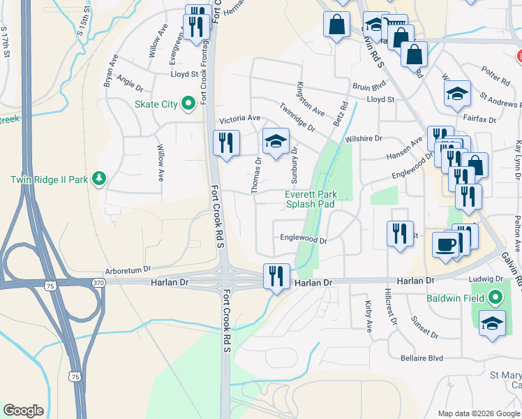 map of restaurants, bars, coffee shops, grocery stores, and more near 1512 Thomas Drive in Bellevue