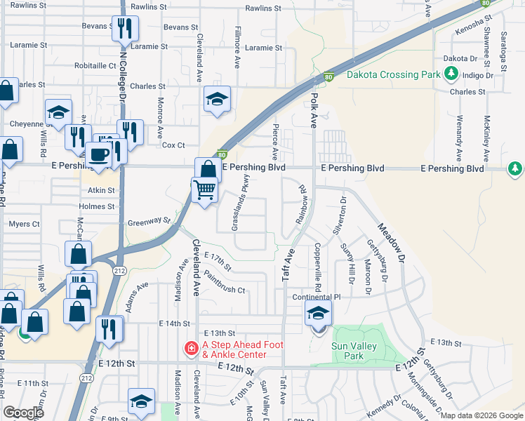 map of restaurants, bars, coffee shops, grocery stores, and more near 4800 Spur Dr in Cheyenne