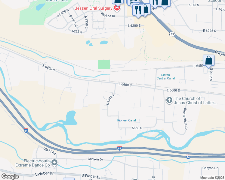 map of restaurants, bars, coffee shops, grocery stores, and more near 1526 East 6650 South in Ogden