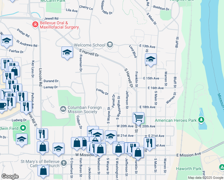 map of restaurants, bars, coffee shops, grocery stores, and more near 1602 Washington Street in Bellevue