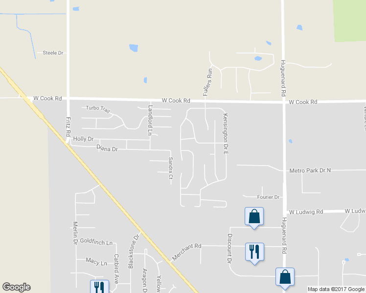 map of restaurants, bars, coffee shops, grocery stores, and more near 7030 Kensington Drive West in Fort Wayne