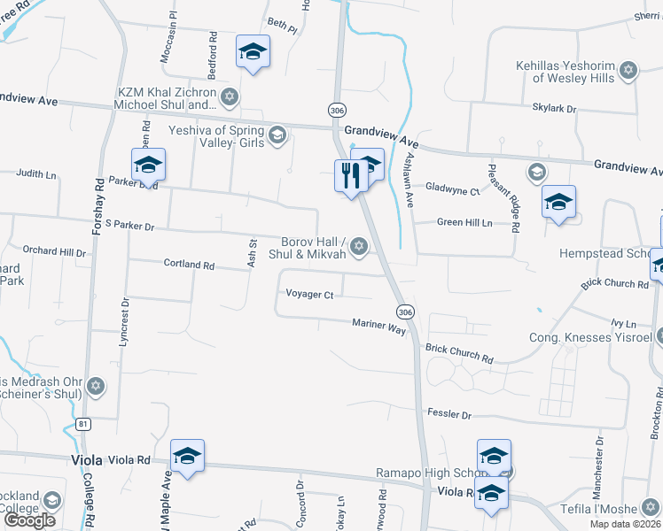 map of restaurants, bars, coffee shops, grocery stores, and more near 49 Mariner Way in Monsey