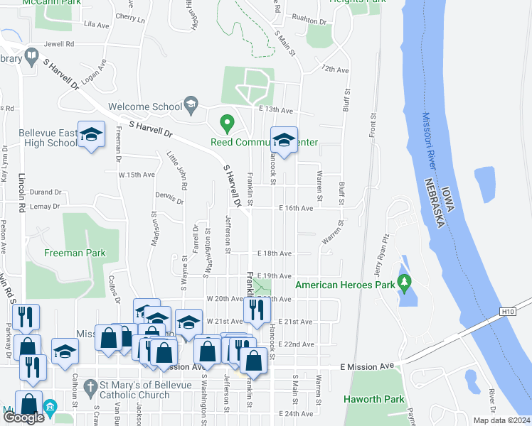 map of restaurants, bars, coffee shops, grocery stores, and more near 107 East 16th Avenue in Bellevue