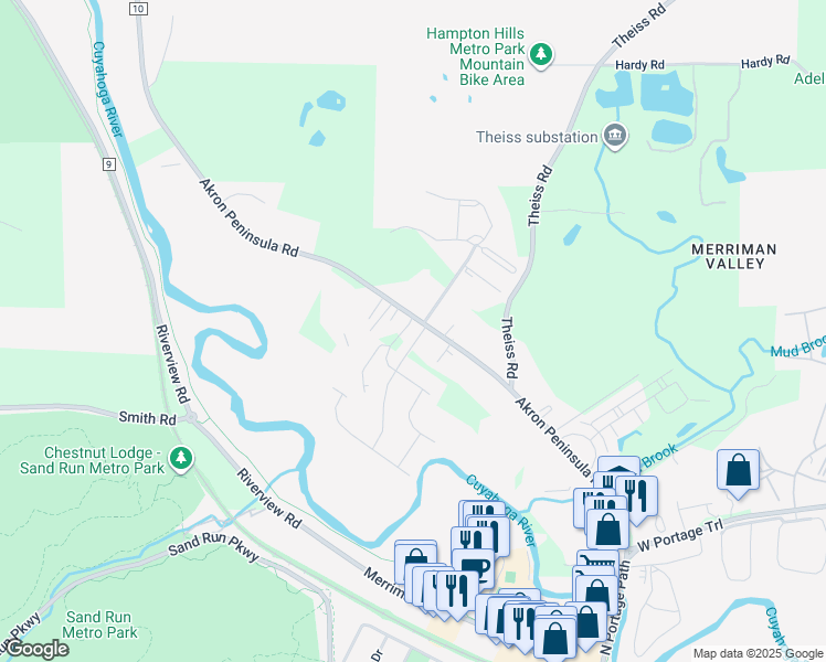 map of restaurants, bars, coffee shops, grocery stores, and more near 1872 Akron Peninsula Road in Akron