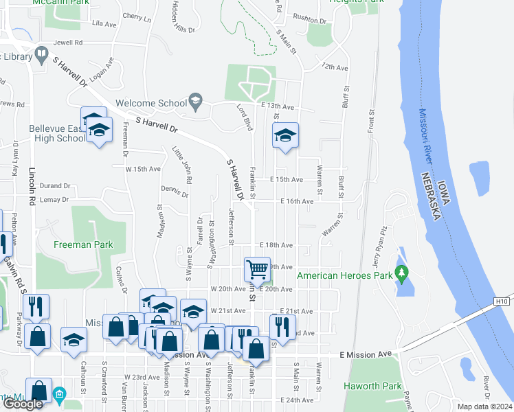 map of restaurants, bars, coffee shops, grocery stores, and more near 101 East 16th Avenue in Bellevue