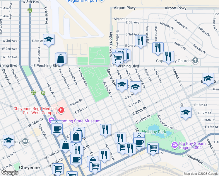 map of restaurants, bars, coffee shops, grocery stores, and more near 903 East 24th Street in Cheyenne