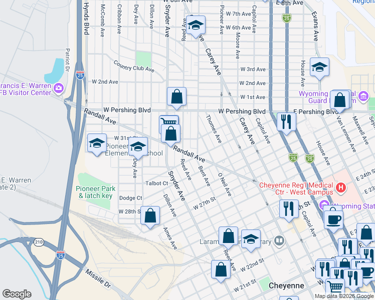 map of restaurants, bars, coffee shops, grocery stores, and more near 720 Randall Avenue in Cheyenne