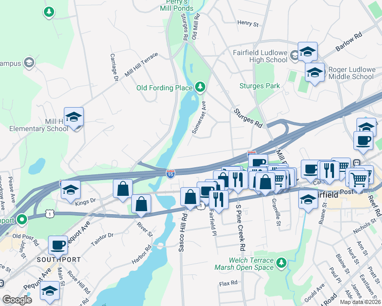 map of restaurants, bars, coffee shops, grocery stores, and more near 160 Henderson Road in Fairfield