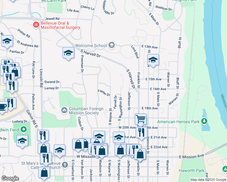 map of restaurants, bars, coffee shops, grocery stores, and more near 1602 Washington Street in Bellevue