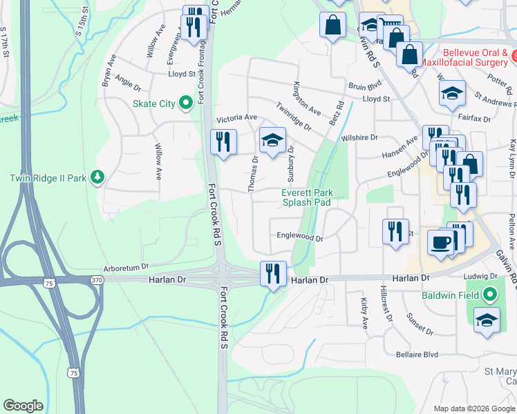 map of restaurants, bars, coffee shops, grocery stores, and more near 1512 Thomas Drive in Bellevue