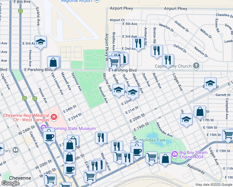 map of restaurants, bars, coffee shops, grocery stores, and more near 1008 East 23rd Street in Cheyenne