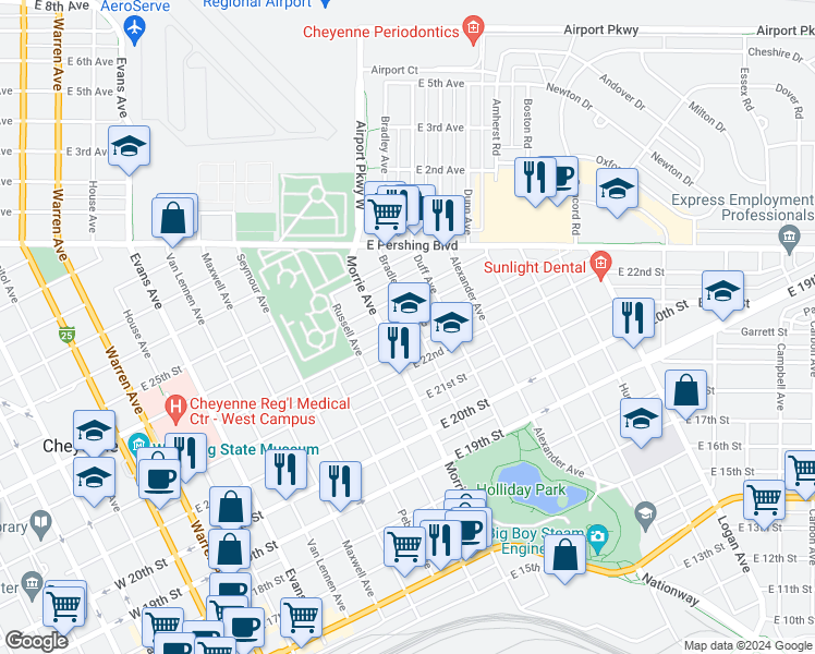 map of restaurants, bars, coffee shops, grocery stores, and more near 2302 Bradley Avenue in Cheyenne