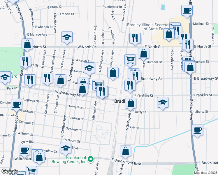 map of restaurants, bars, coffee shops, grocery stores, and more near 137 Perry Street in Bradley