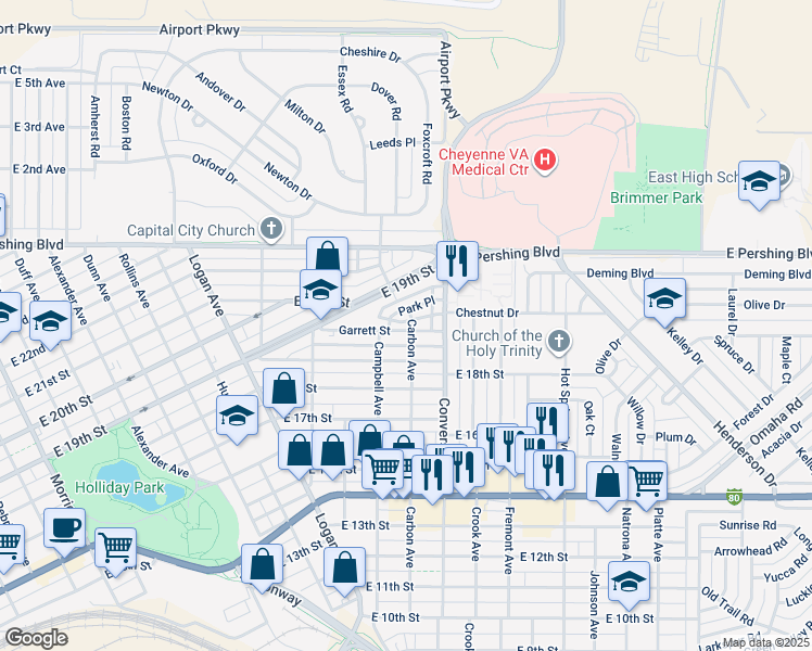 map of restaurants, bars, coffee shops, grocery stores, and more near 1854 Carbon Avenue in Cheyenne