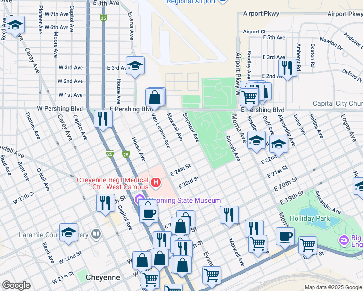 map of restaurants, bars, coffee shops, grocery stores, and more near 2510 Maxwell Avenue in Cheyenne