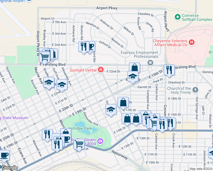 map of restaurants, bars, coffee shops, grocery stores, and more near 2004 Logan Avenue in Cheyenne