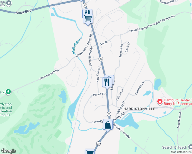 map of restaurants, bars, coffee shops, grocery stores, and more near 27 King Cole Road in Hamburg