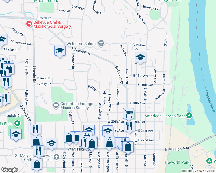 map of restaurants, bars, coffee shops, grocery stores, and more near 1602 Washington Street in Bellevue