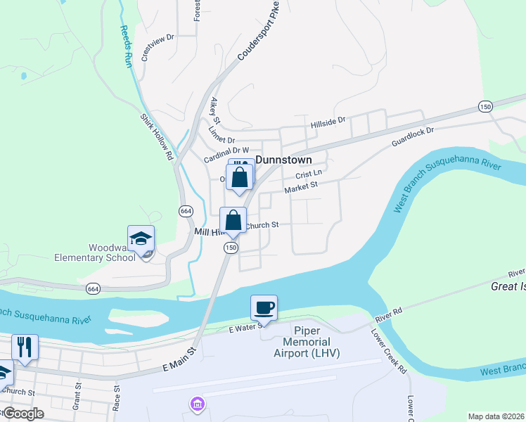 map of restaurants, bars, coffee shops, grocery stores, and more near 29 Arch Street in Lock Haven