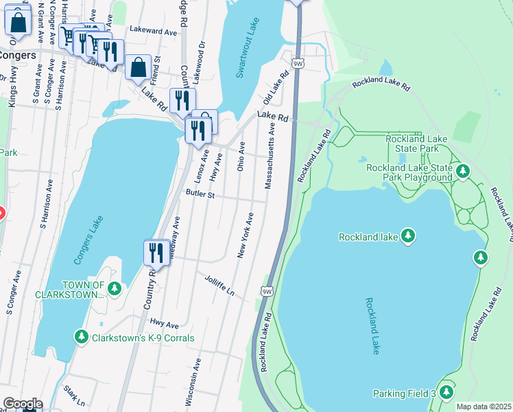 map of restaurants, bars, coffee shops, grocery stores, and more near 63 New York Avenue in Congers