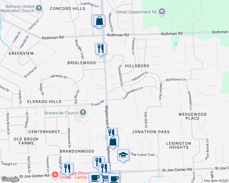 map of restaurants, bars, coffee shops, grocery stores, and more near 6800 Maplecrest Road in Fort Wayne
