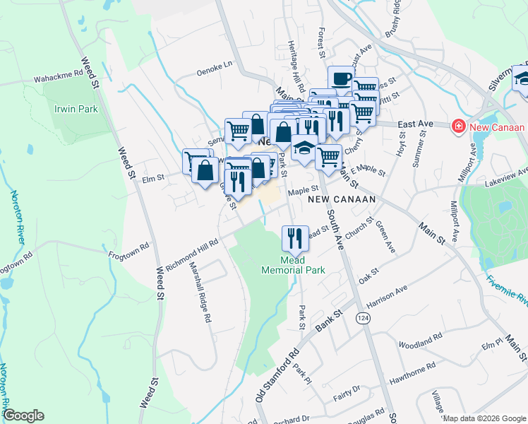 map of restaurants, bars, coffee shops, grocery stores, and more near 45 Richmond Hill Road in New Canaan
