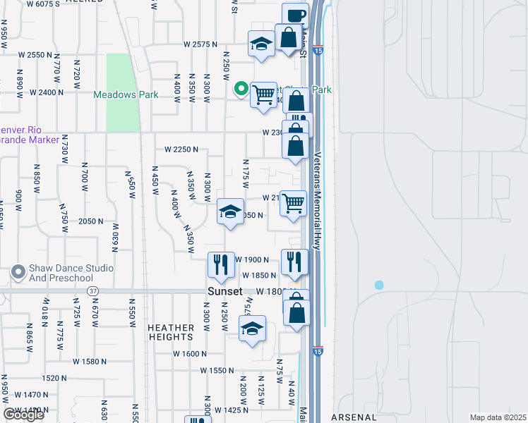 map of restaurants, bars, coffee shops, grocery stores, and more near 112 West 2050 North in Sunset