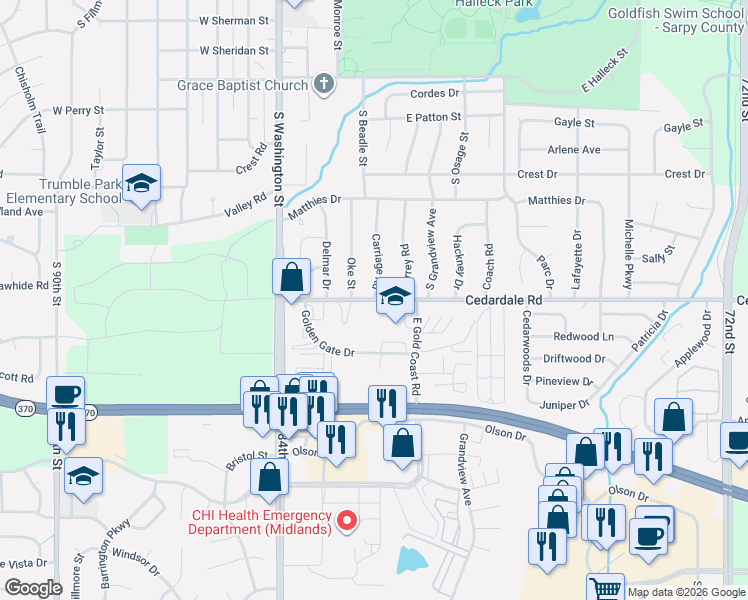 map of restaurants, bars, coffee shops, grocery stores, and more near 1126 Carriage Road in Papillion