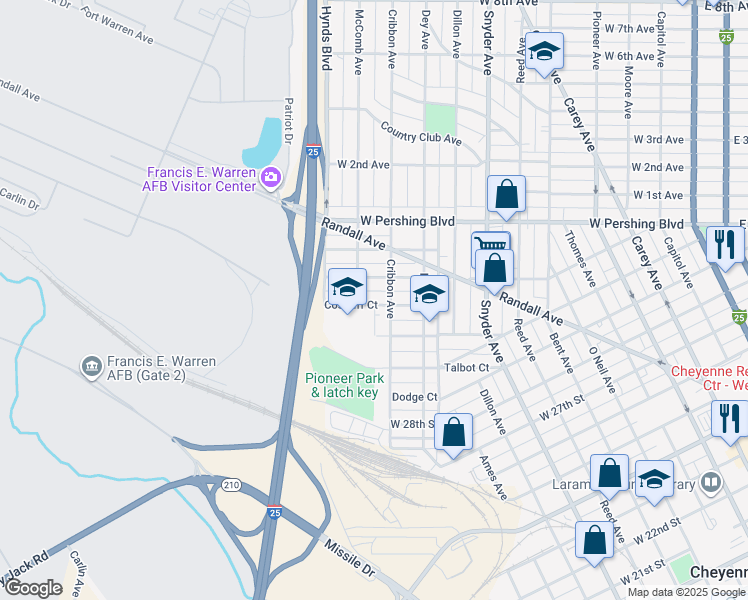 map of restaurants, bars, coffee shops, grocery stores, and more near 1310 Cosgriff Court in Cheyenne
